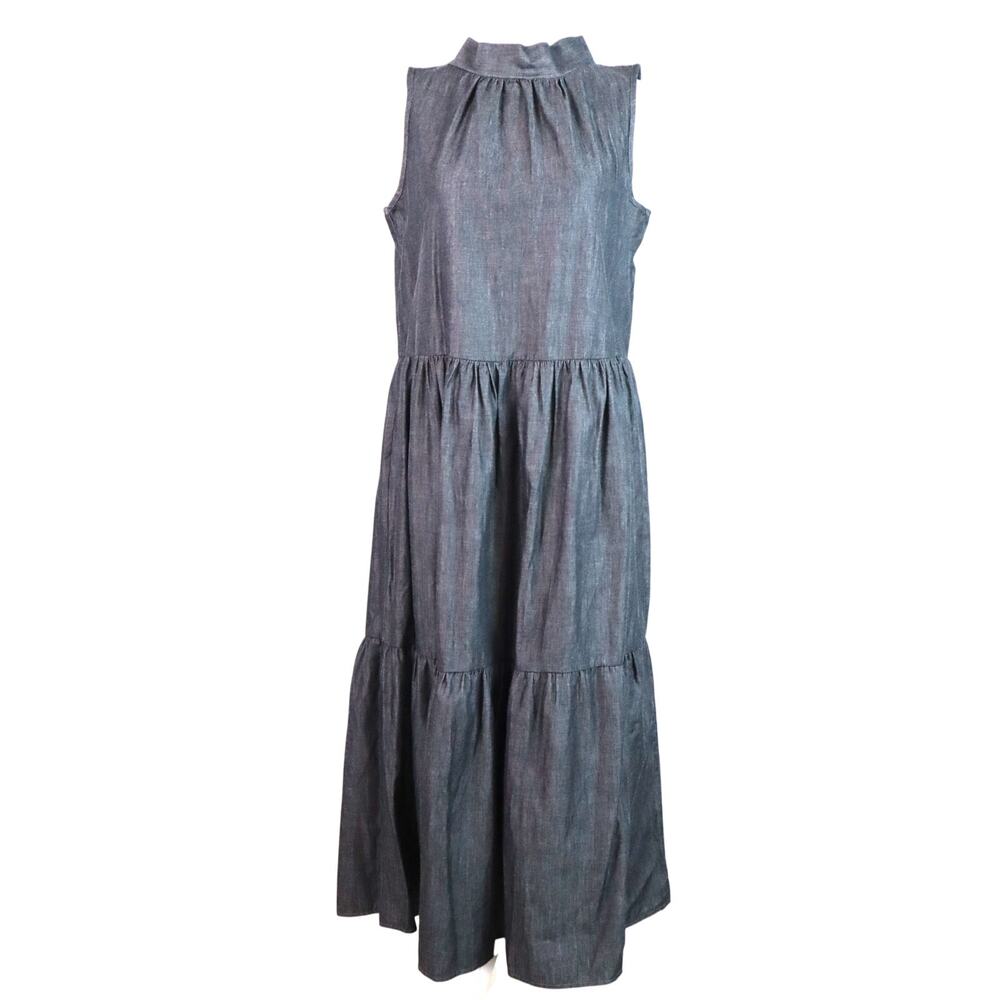 Love Ryan Los Angeles Dark Wash Chambray Dress Mock Tiered Midi Sleeveless Small